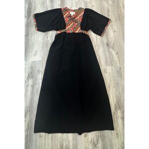 Lounges Vintage Black Maxi Dress Floral Trim Lace Up Front Kimono Sleeve M